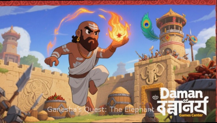 Ganesha Character - Ganesha’s Quest: The Elephant God Lord Ganesha character in Ganesha’s Quest: The Elephant God game showing detailed elephant head features and traditional attire